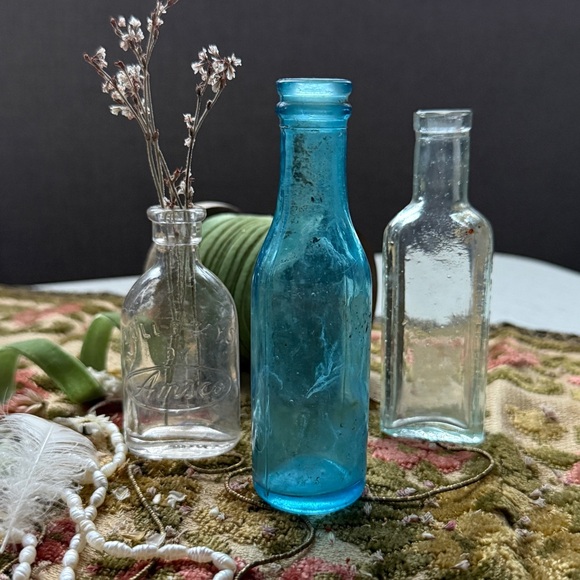 Antiques Other - Set of 3 Antique Miniature Apothecary Azure Glass Bottles